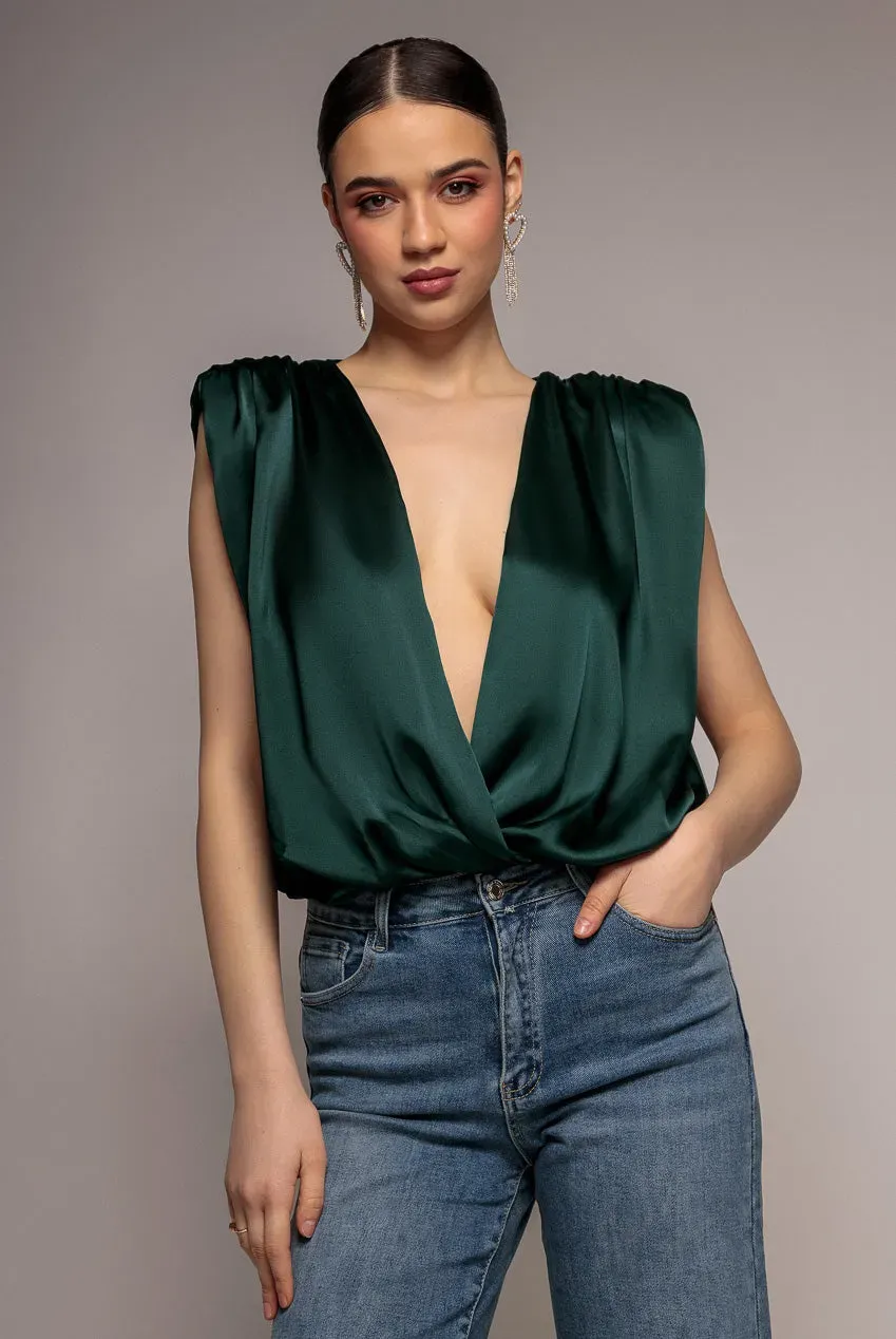 Goddiva Top Satinato Incrociato Verde Smeraldo