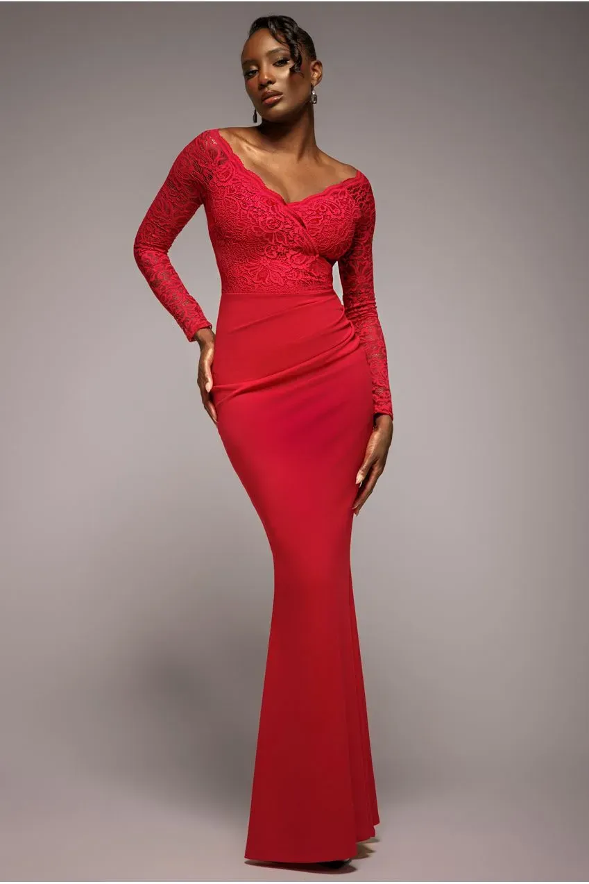 Goddiva Bardot abito maxi pizzo rosso 8 maniche lunghe