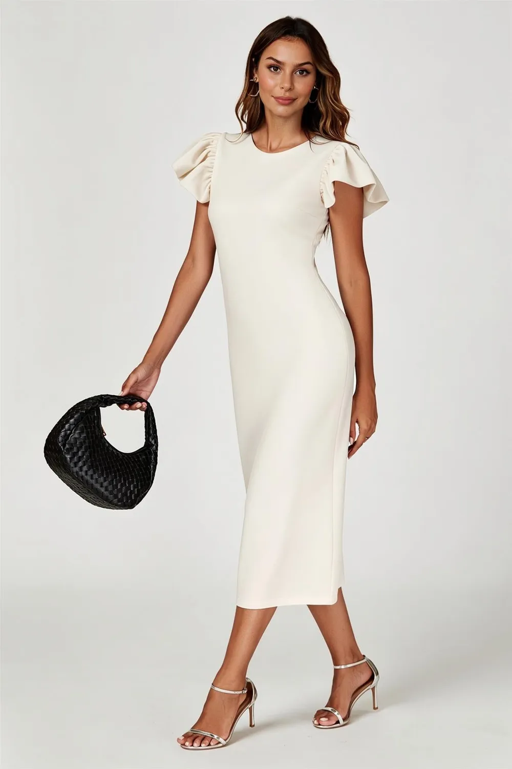 FS Collection Volume Sleeve Bodycon abito midi bianco scollo tondo