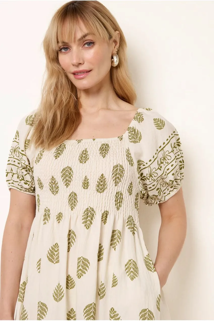 Blue Vanilla Abito Midi Verde Square Neck Shirred S