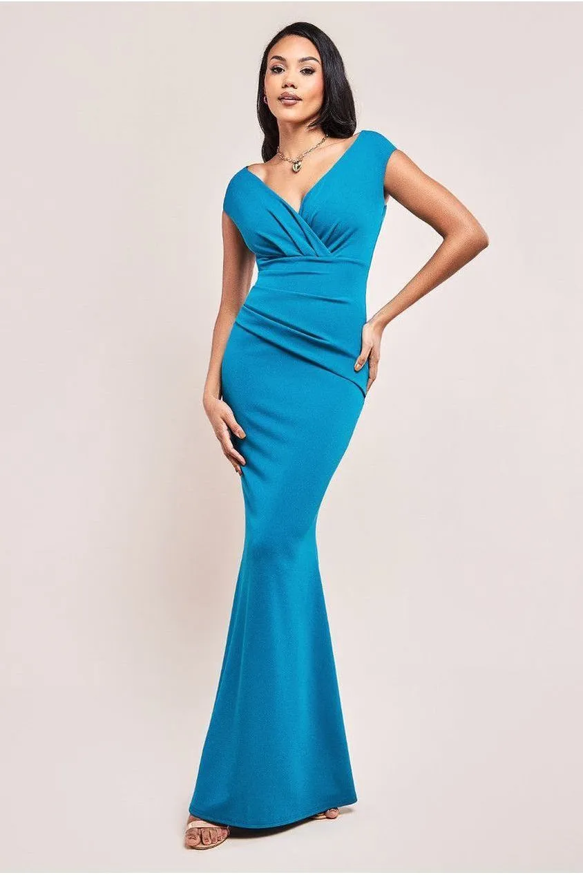 Goddiva Bardot Pleated Maxi abito ottanio pieghe