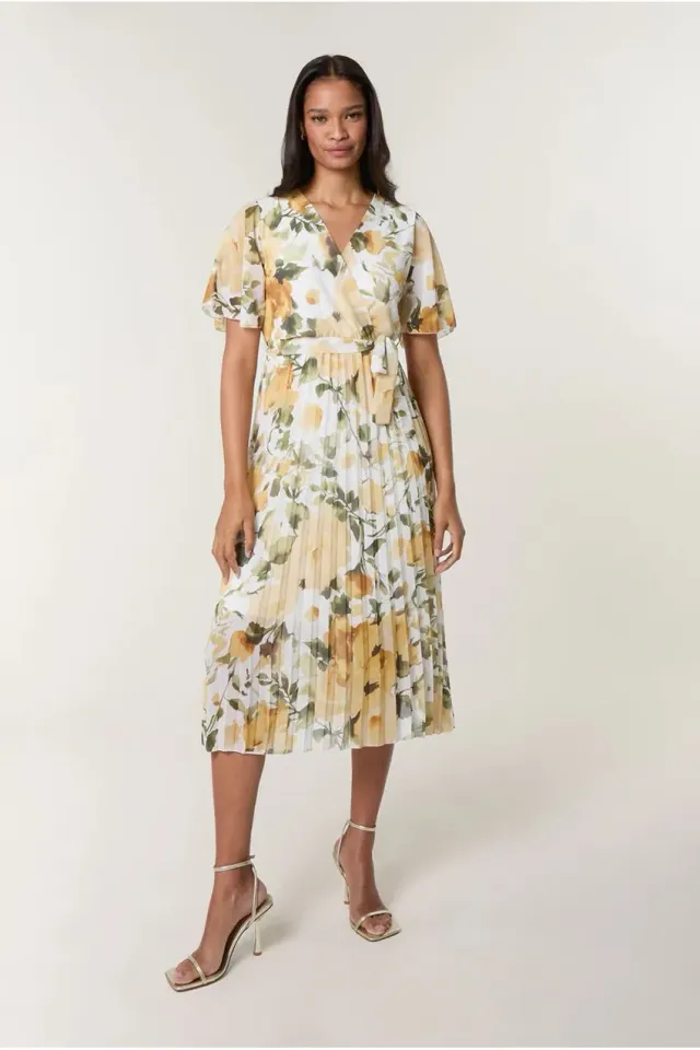 Goddiva Blue Vanilla Short Sleeve Wrap abito midi giallo