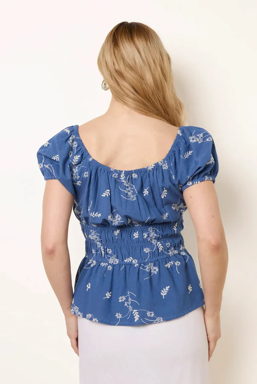Blue Vanilla Embroidery Peplum Camicetta denim ricamata