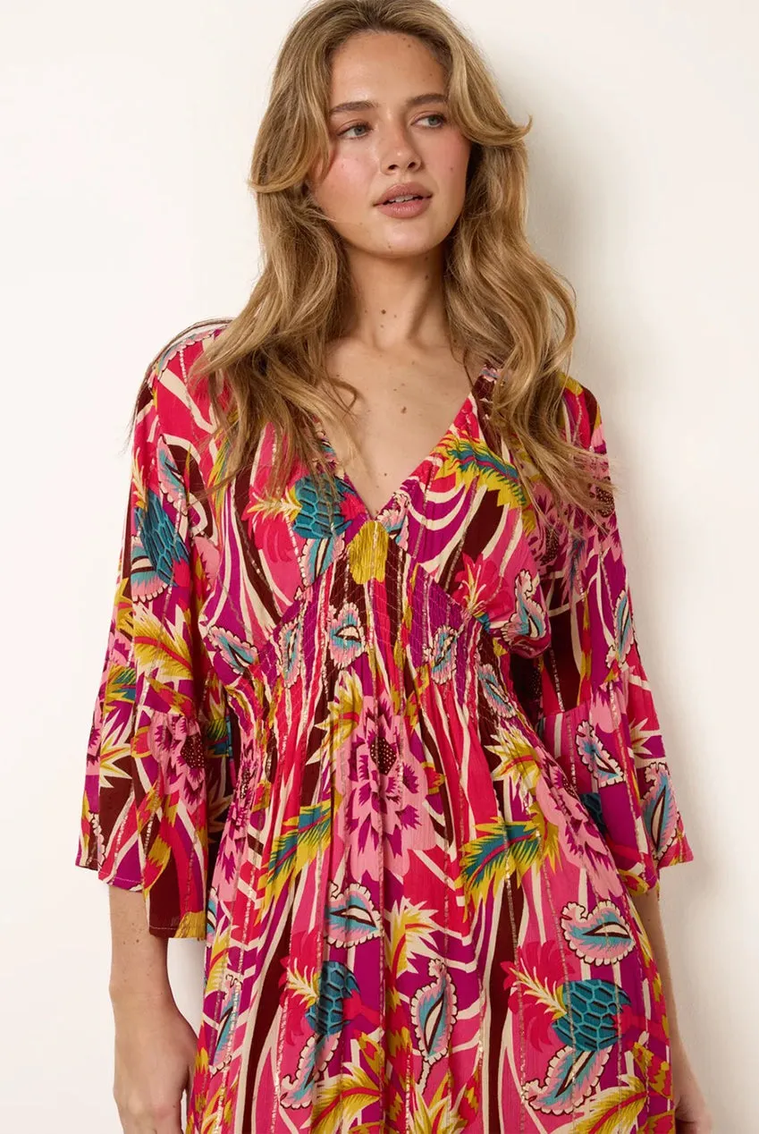Blue Vanilla Tropical abito maxi rosa viscosa scollo V
