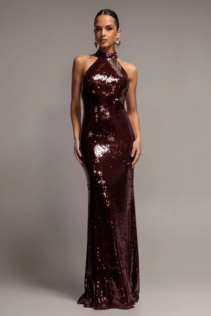 Goddiva Sequin Open Back abito maxi bordeaux sirena paillettes