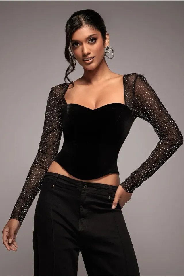 Goddiva top velluto nero strass maniche lunghe 10
