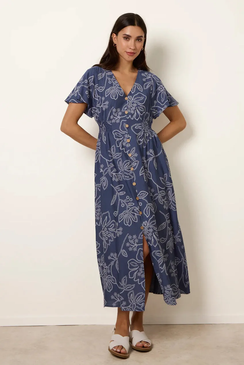 Blue Vanilla abito midi denim blu maniche volant