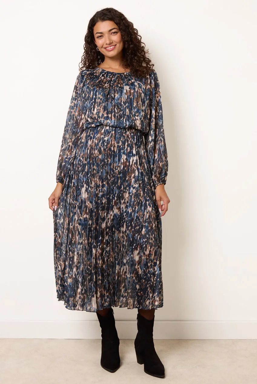 Blue Vanilla Abito Midi Plissé Leopardato Navy
