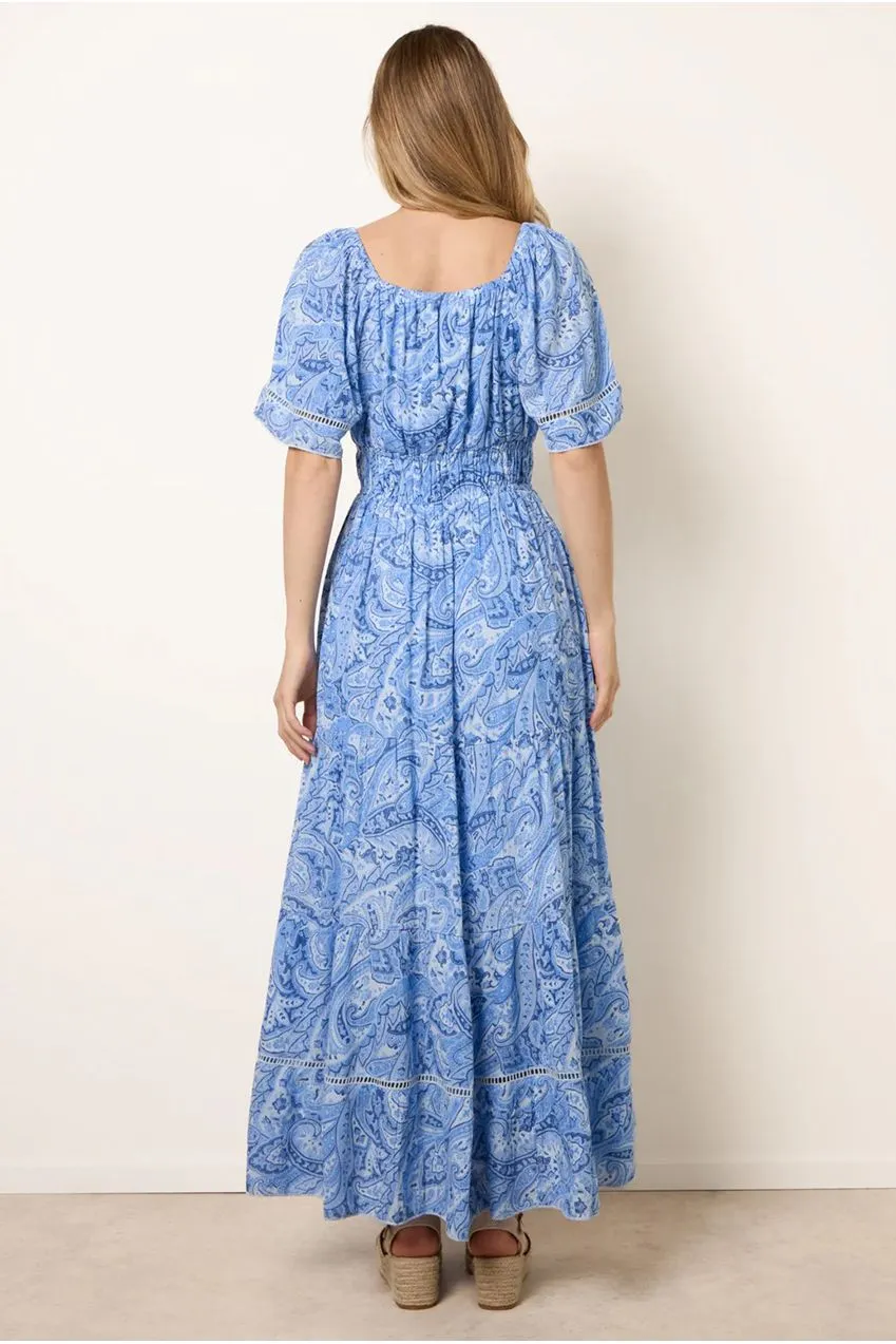 Goddiva Blue Vanilla Ladder Abito maxi blu paisley S bardot