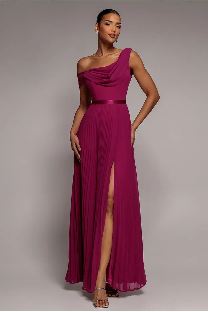 Goddiva Cowl Neck One Shoulder maxi abito chiffon magenta