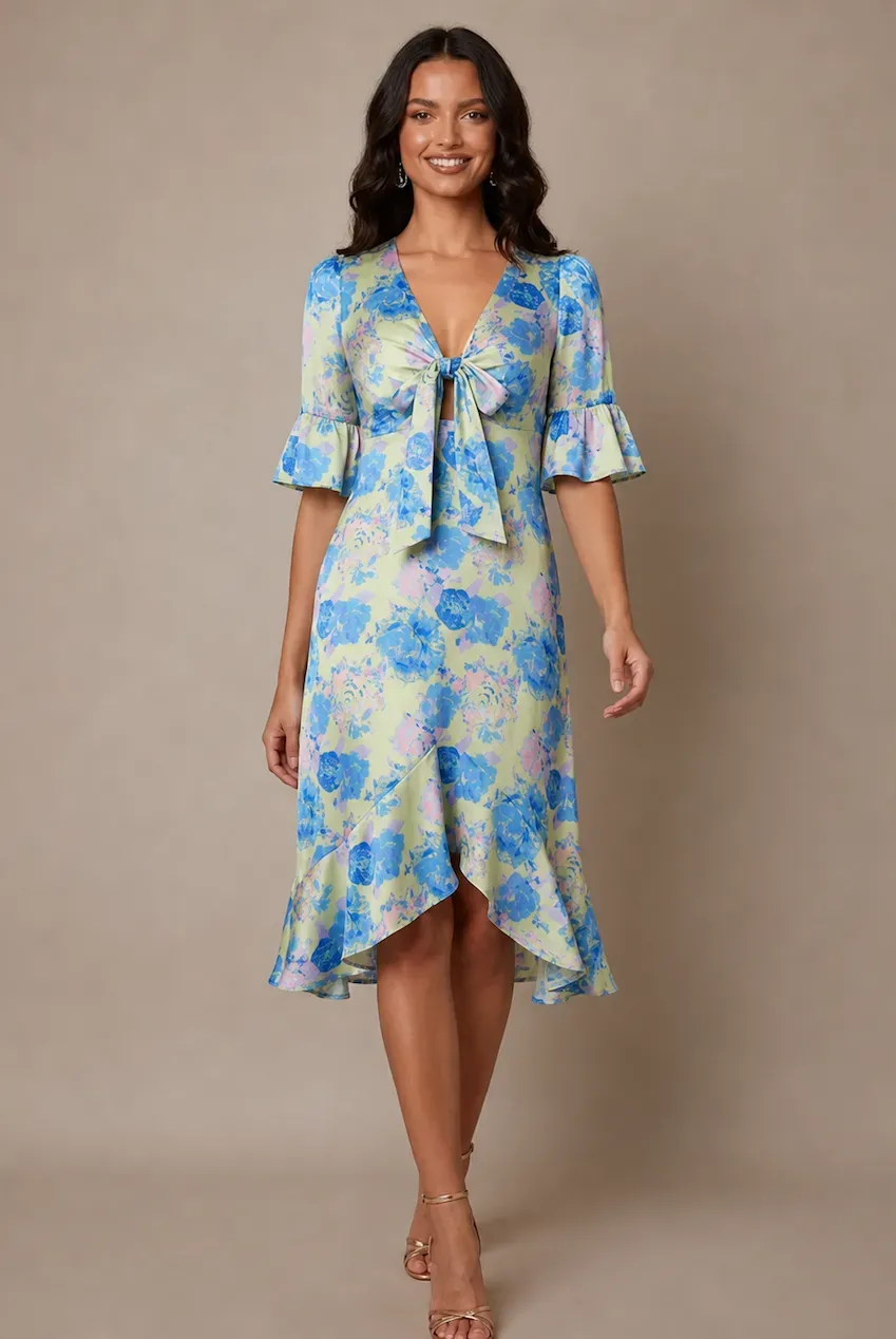 Chi Chi London Tie Front abito midi giallo floreale raso