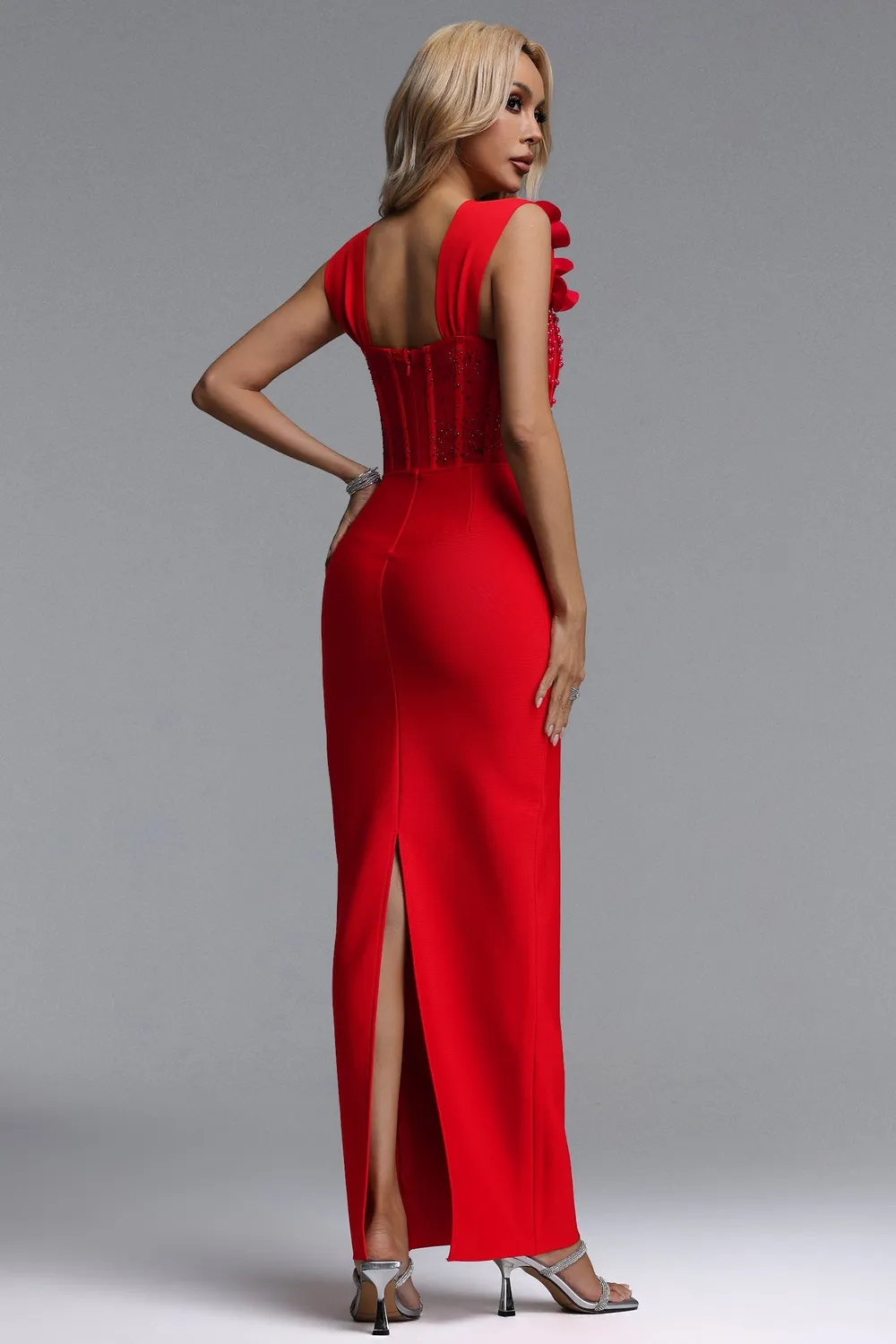 Goddiva Bella Barnett Oria abito maxi rosso scollo quadrato
