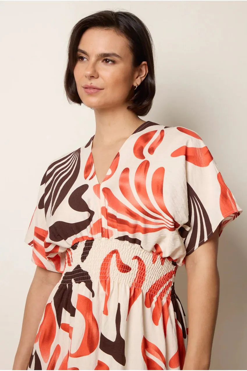 Blue Vanilla V Neck Abstract Leaf abito maxi arancione foglie