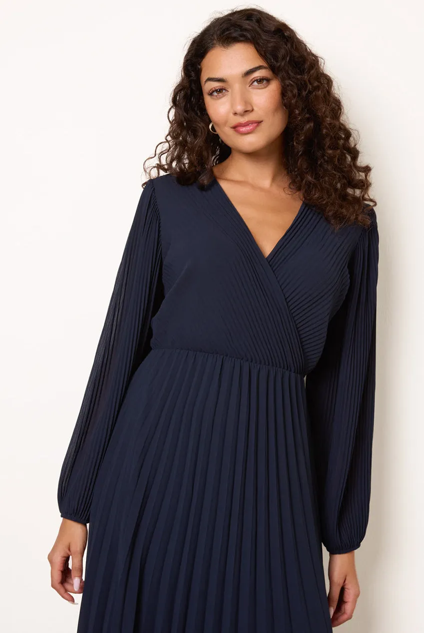Goddiva Blue Vanilla abito chiffon plissettato blu navy midi