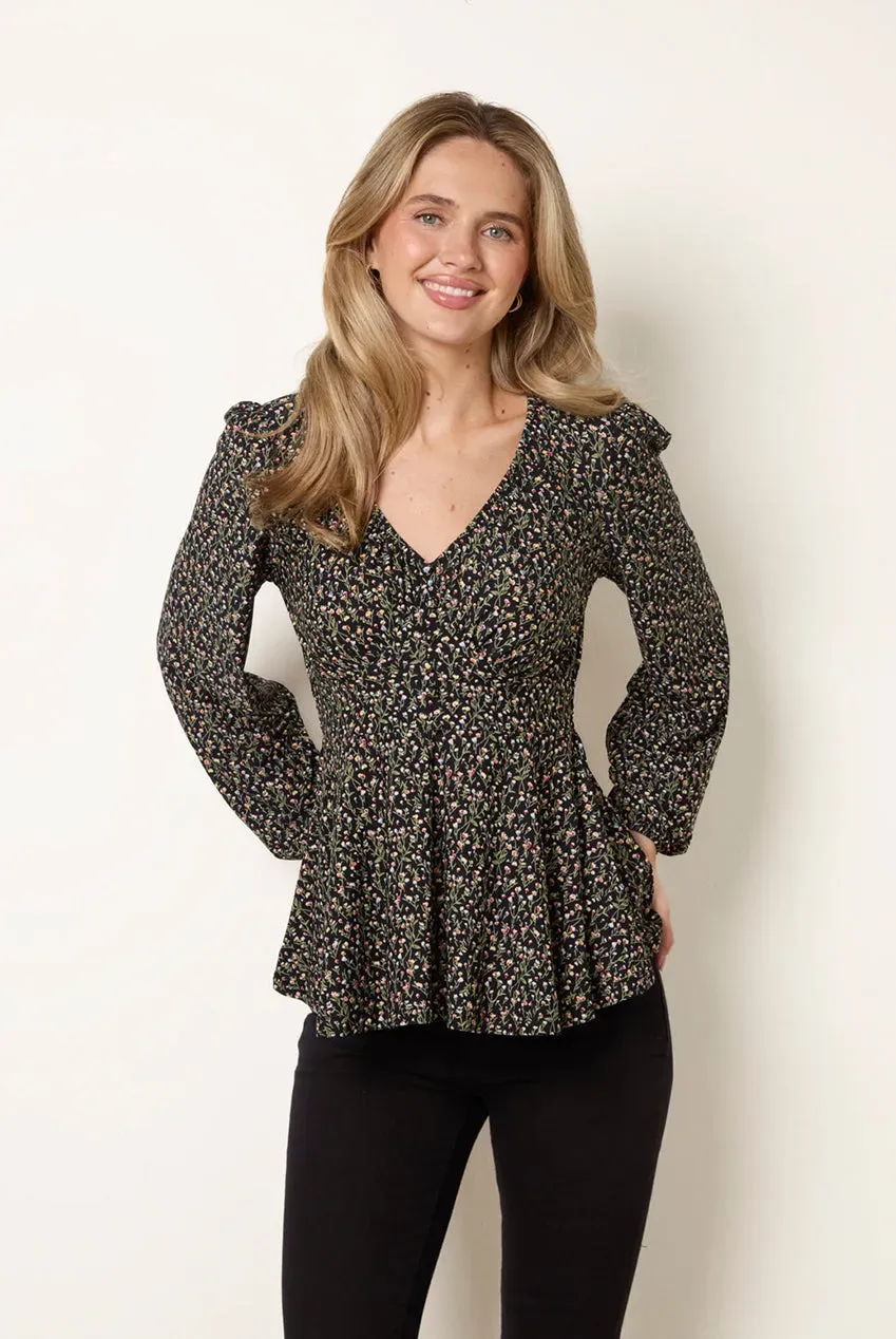 Blue Vanilla V Neck Button top peplo nero