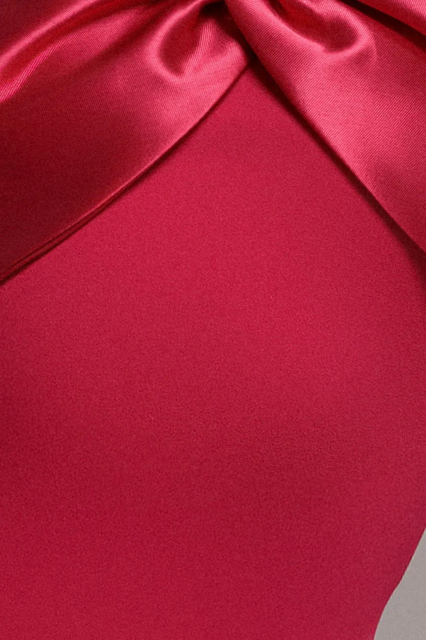 Goddiva Twist Knot Abito Maxi Magenta Bardot Satin