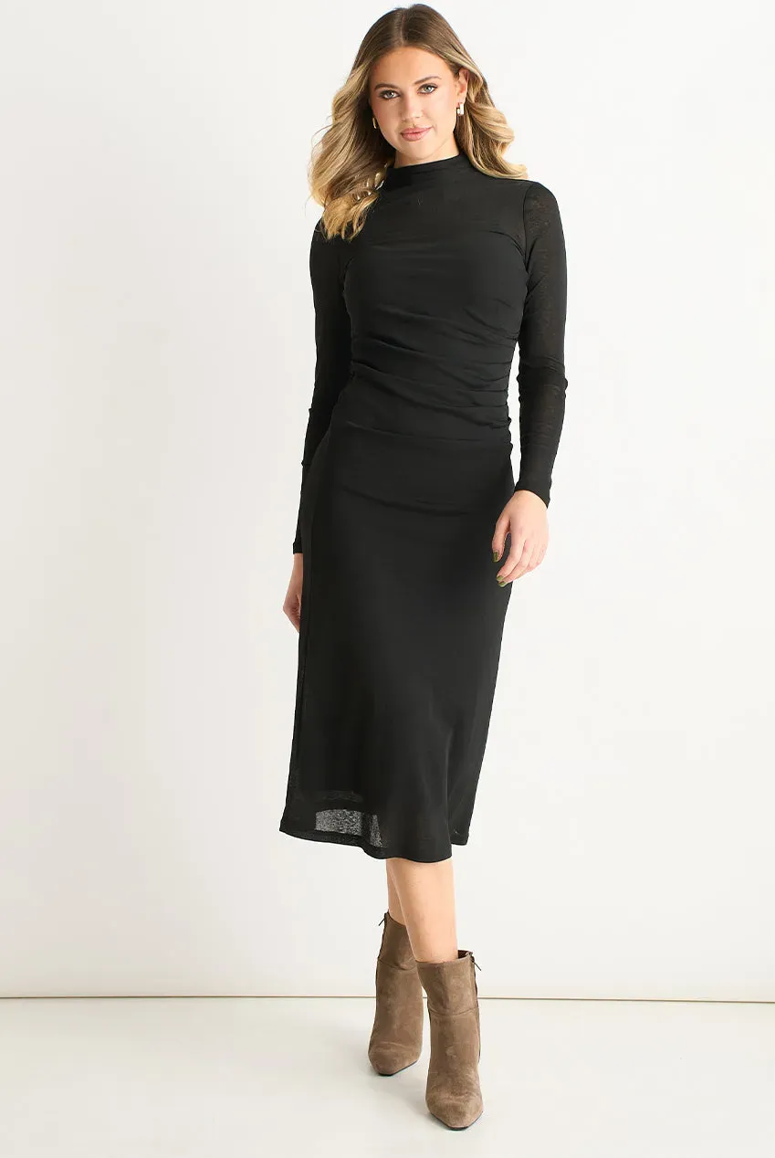 Gini London Ruched Abito midi jersey nero manica lunga