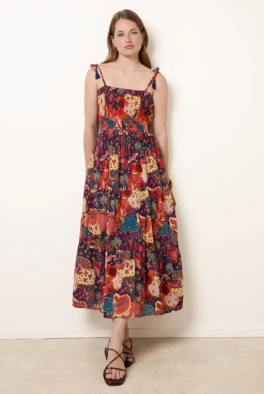 Blue Vanilla Bold Print Shirred Waist vestito midi navy fantasia
