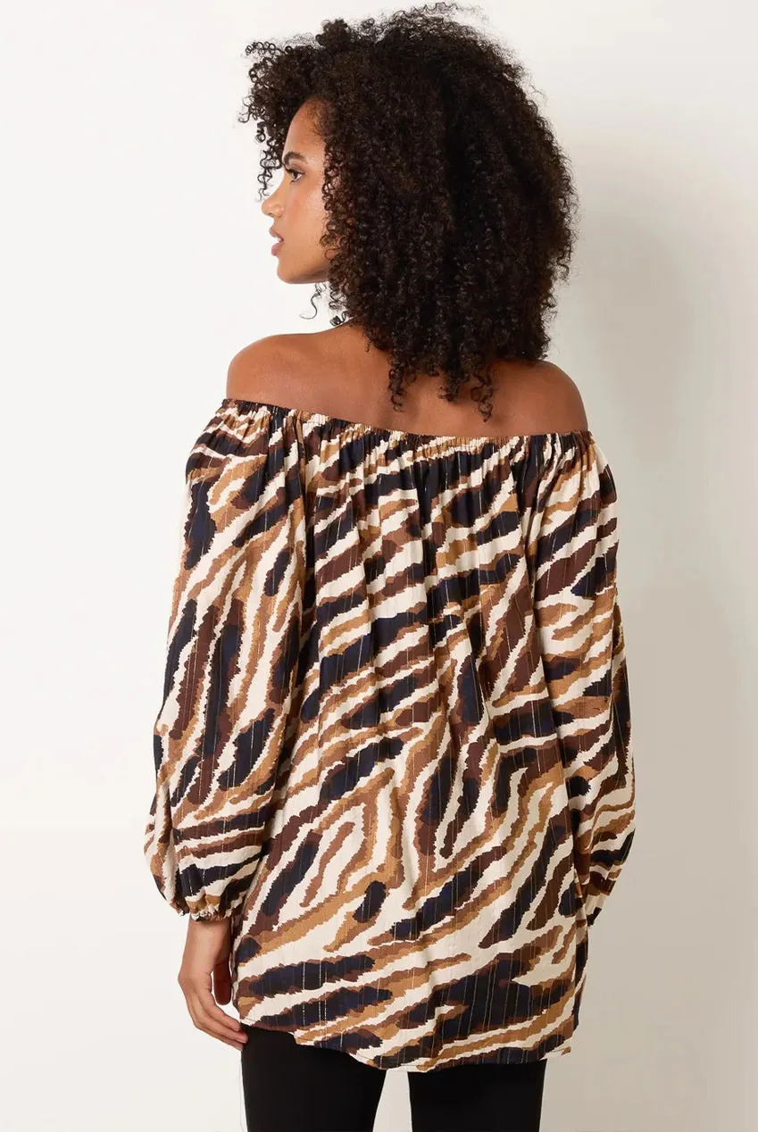 Blue Vanilla blusa tigrata marrone scollo bardot