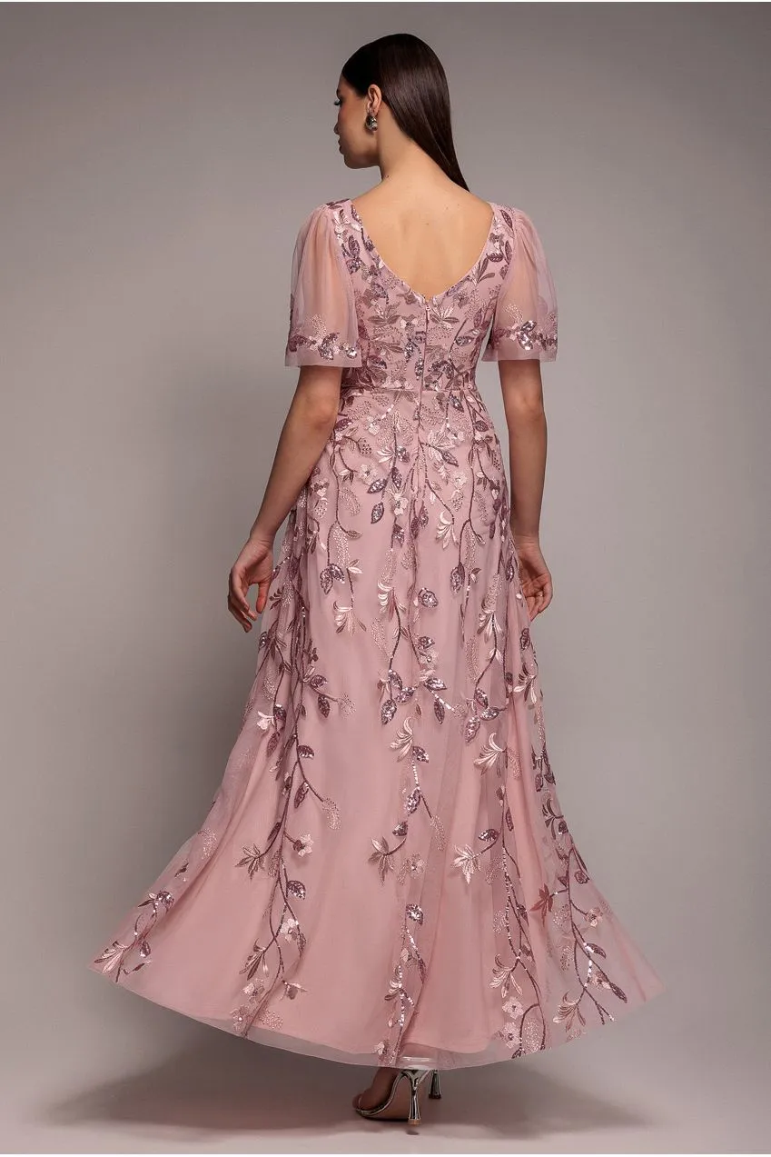 Goddiva DR3279A abito lungo Blush ricamato maniche svasate