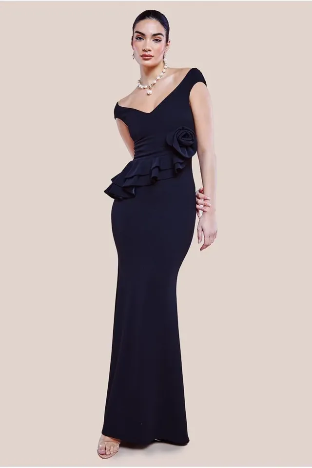Goddiva DR4300 abito maxi nero scuba attillato rose