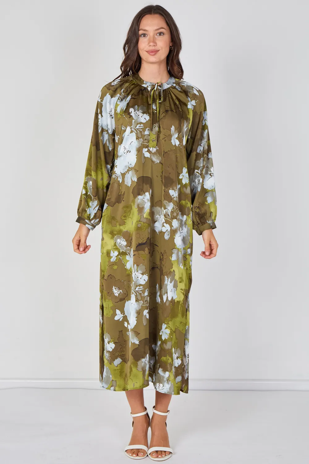 Love Sunshine Watercolour Floral abito maxi khaki manica lunga