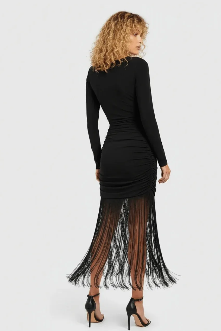 Avinci Abito Midi Bodycon Nero Frange Jersey 8