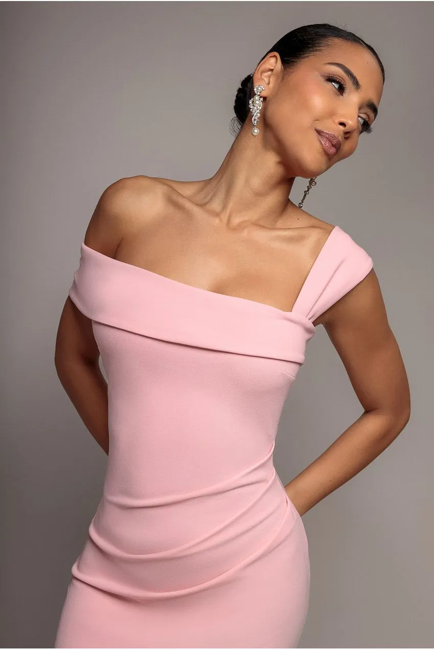 Goddiva abito maxi rosa cipria spalle scoperte plissé