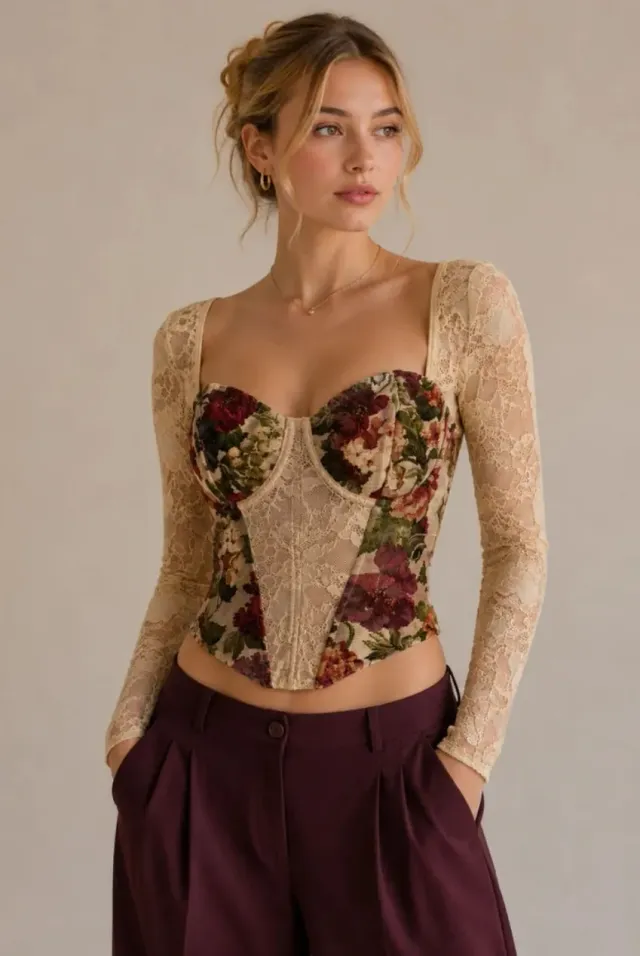 Avinci Top corsetto pizzo floreale maniche lunghe