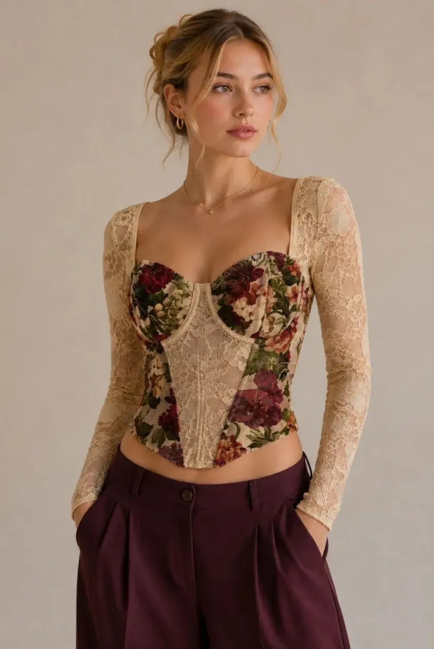 Avinci Top corsetto pizzo floreale maniche lunghe