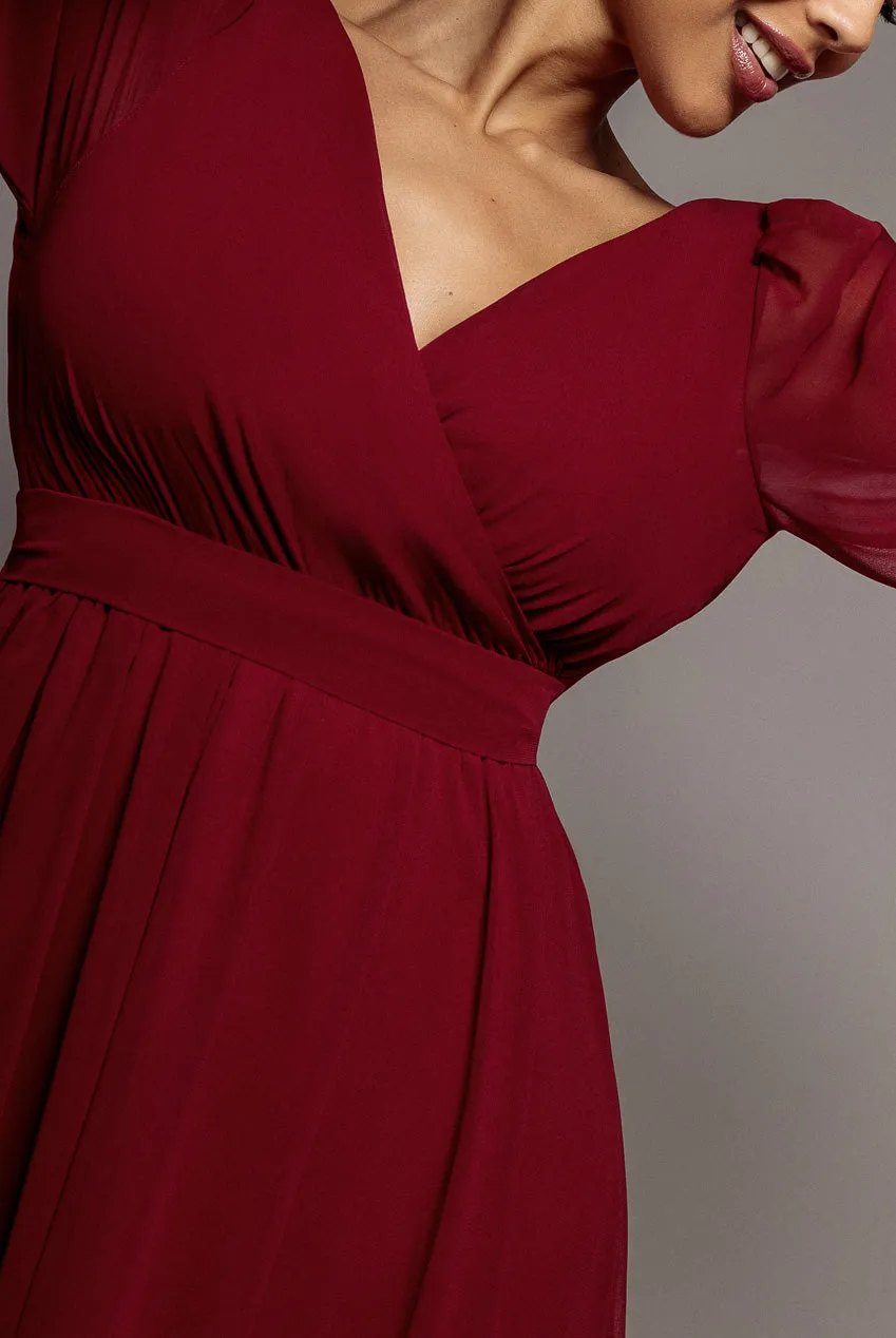 Goddiva Wrap Front Slit abito maxi berry chiffon spacco