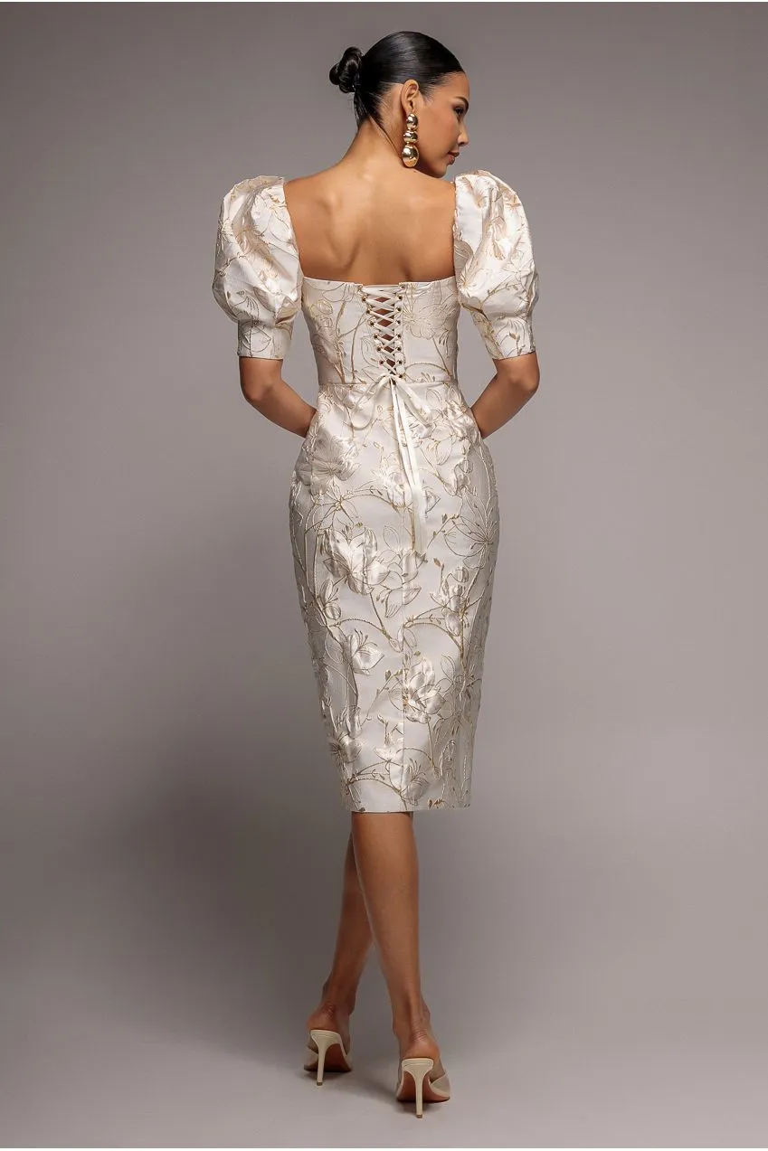 Goddiva Puff Sleeve Sweetheart DR4758 abito midi crema jacquard