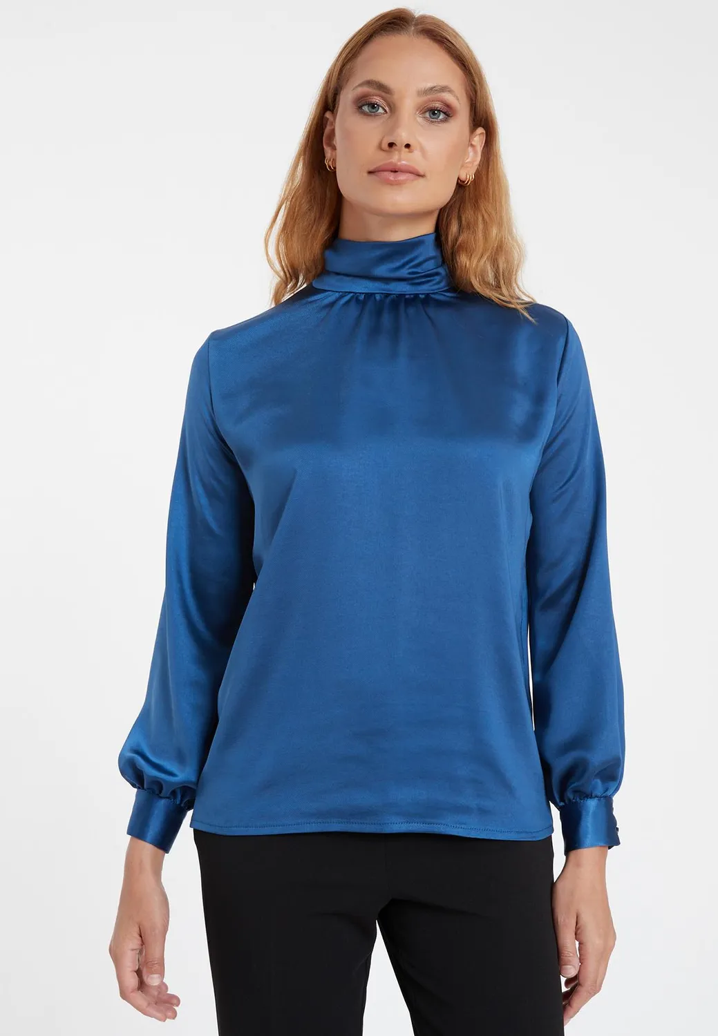 Ana Alcazar Siboni camicia raso blu fiocco