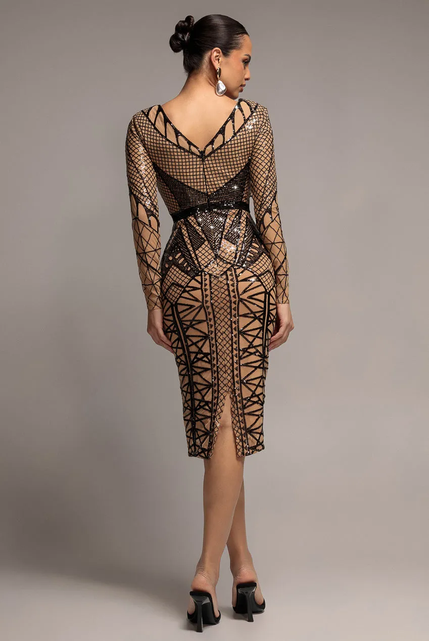Goddiva DR4081 abito midi nero paillettes scollo profondo