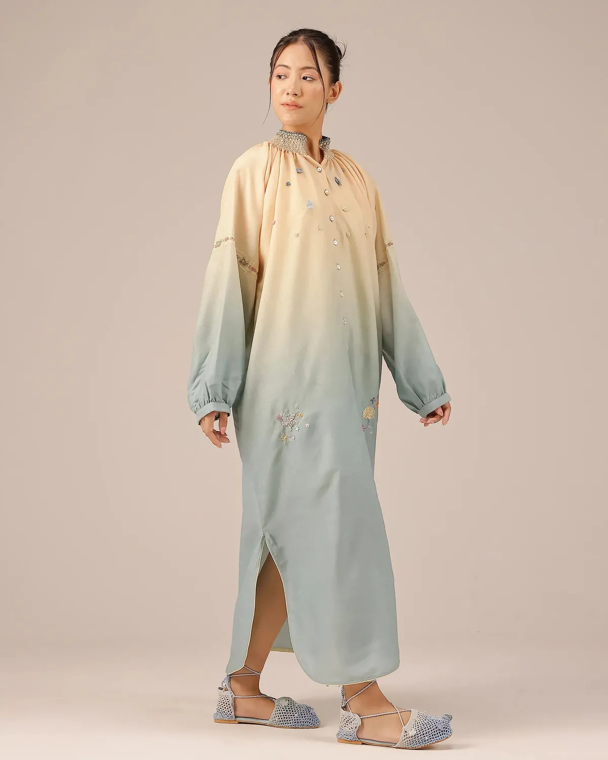 Our Dve Sorbet Abito lino avorio grigio smock