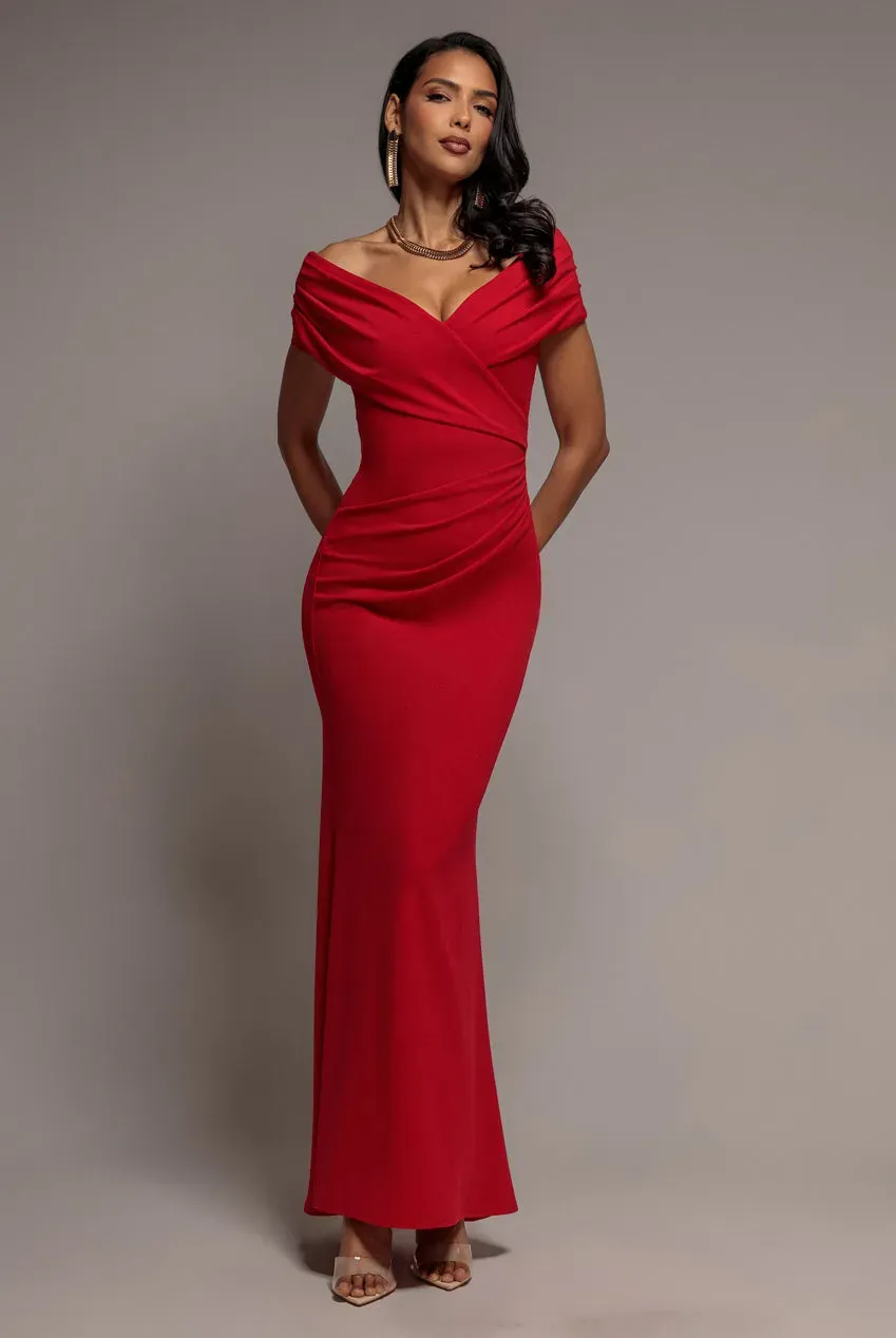 Goddiva Bardot Wrap abito maxi sirena rosso scuba elasticizzato