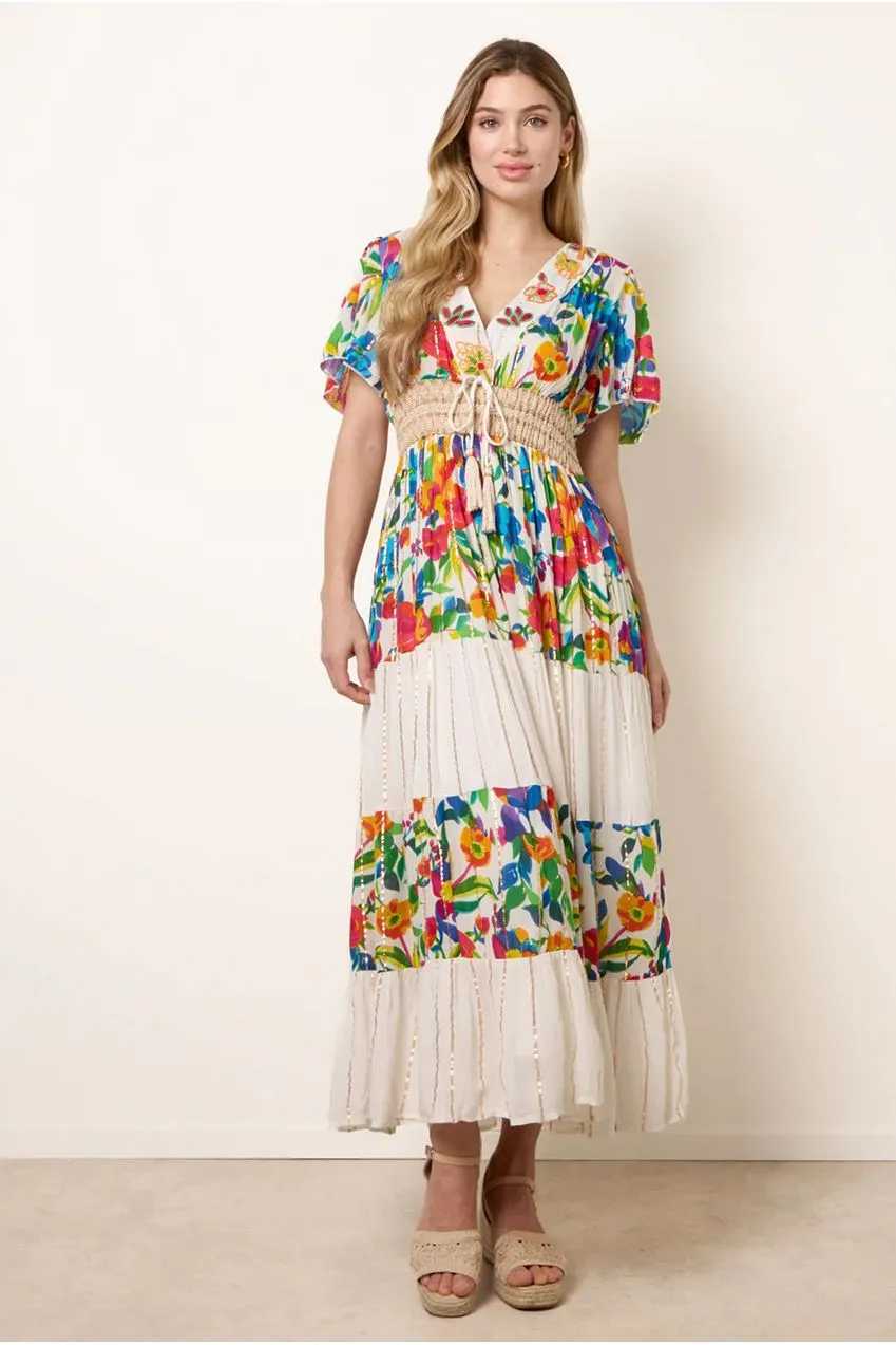 Blue Vanilla Tiered abito lungo multicolor scollo V viscosa