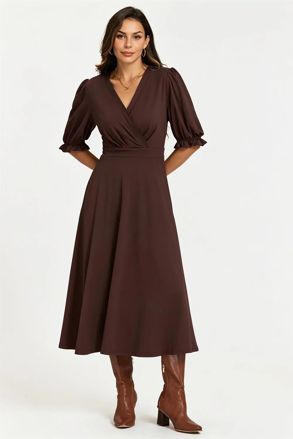 Goddiva FS Collection Abito Midi Jersey Cioccolato elasticizzato