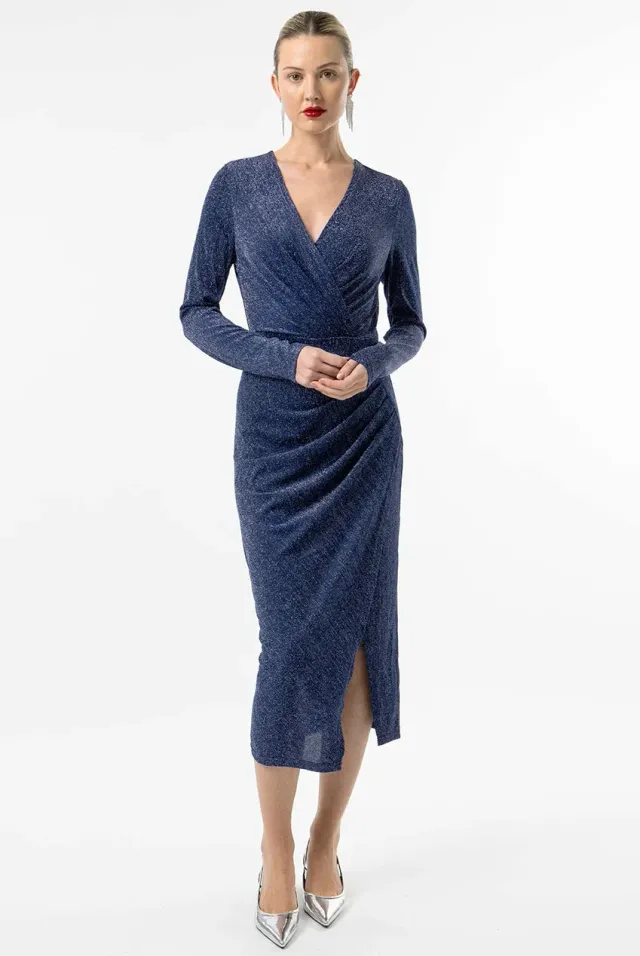 Angeleye Metallic Wrap abito midi blu argento