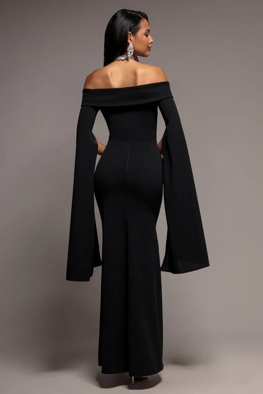 Goddiva Bardot Split Cape abito maxi nero spalle scoperte