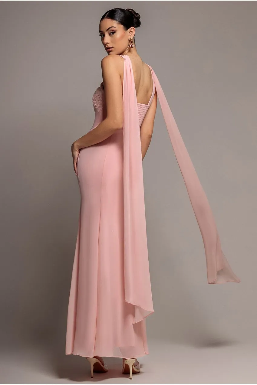 Goddiva Cross Front Scarf Back abito sirena chiffon blush