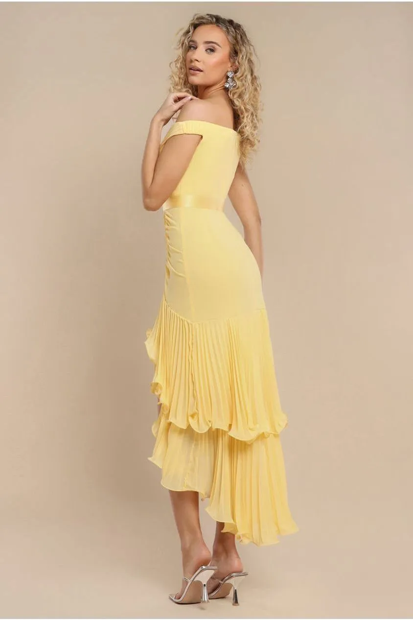 Goddiva Pleated Bardot abito midaxi chiffon limone scollo omeri
