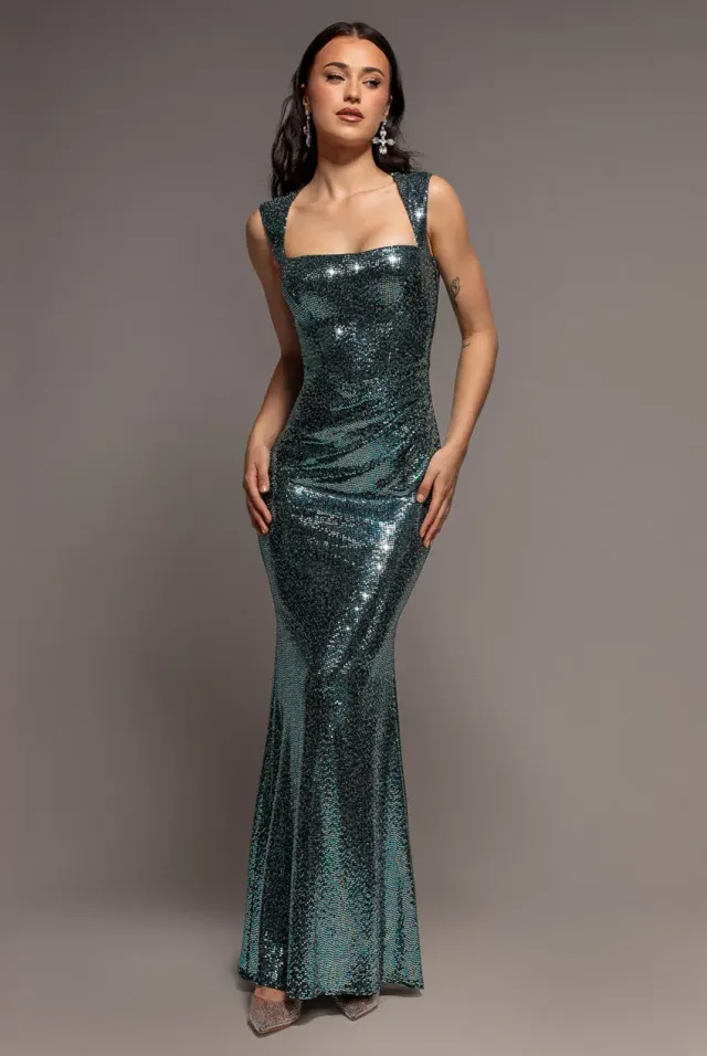 Goddiva Sequin Mermaid abito maxi verde multi paillettes