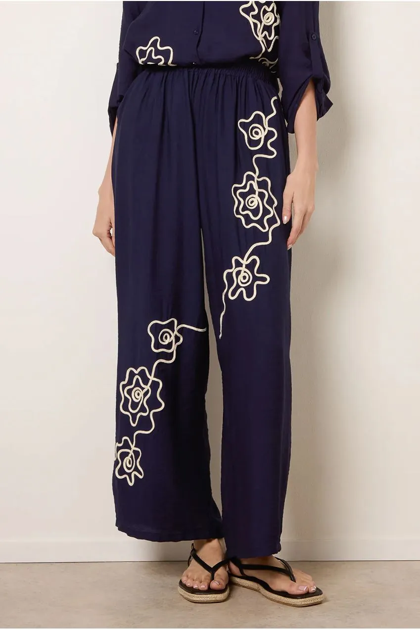 Blue Vanilla Pantaloni Blu Navy Ricamo Floreale Vita Alta S/M