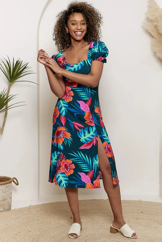Angeleye Tropical abito midi fantasia multicolor