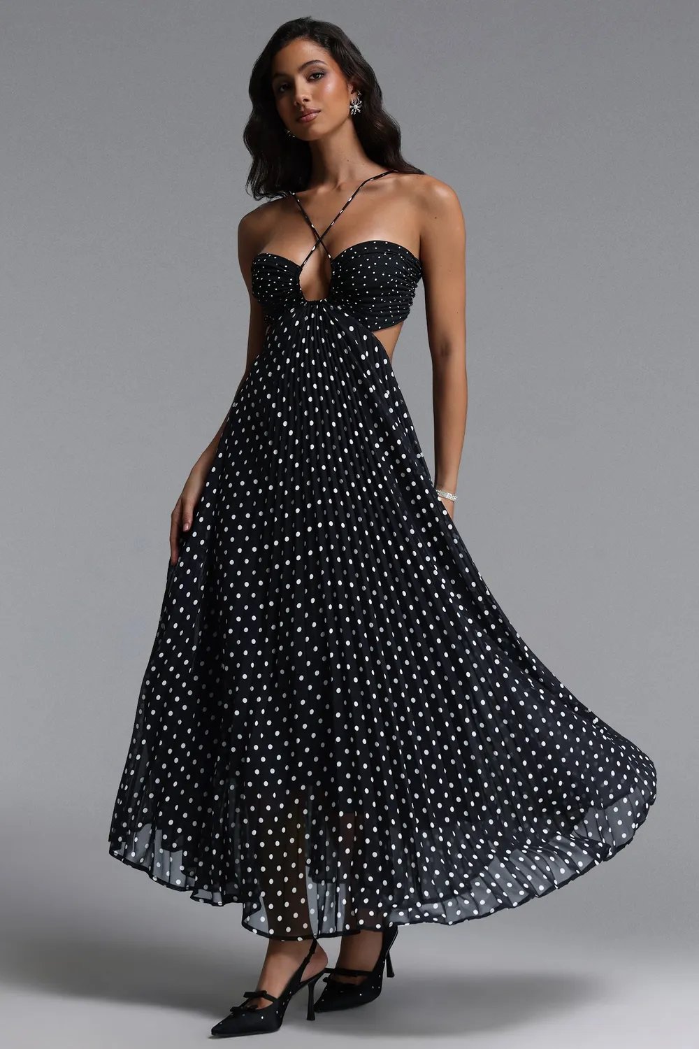 Bella Barnett Loka abito maxi nero M pois plissettato