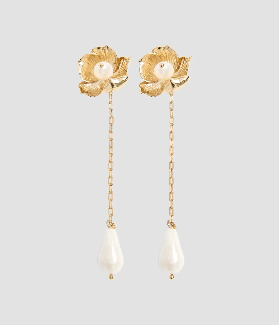 Erdem Floral Pearl orecchini lunghi oro chiaro perle