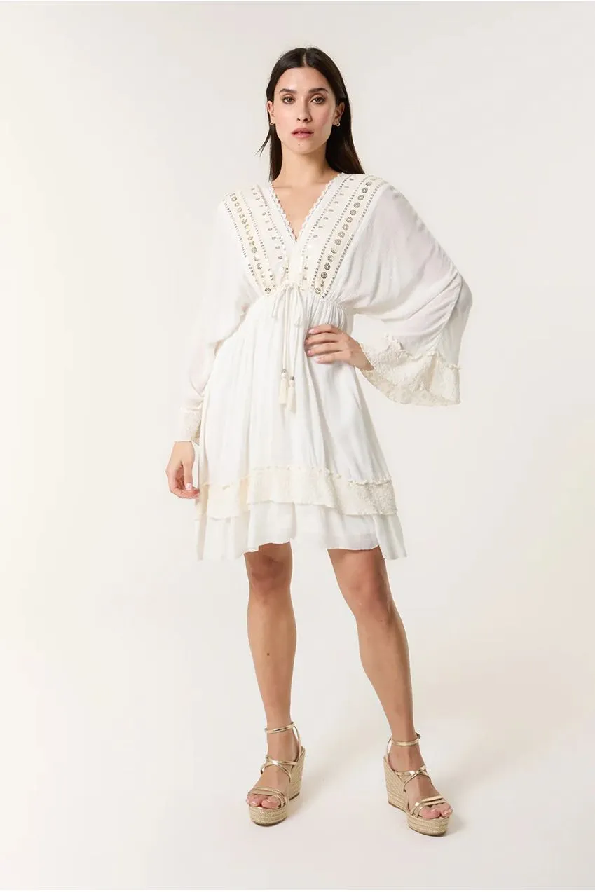 Blue Vanilla Kimono abito mini avorio viscosa ricamato