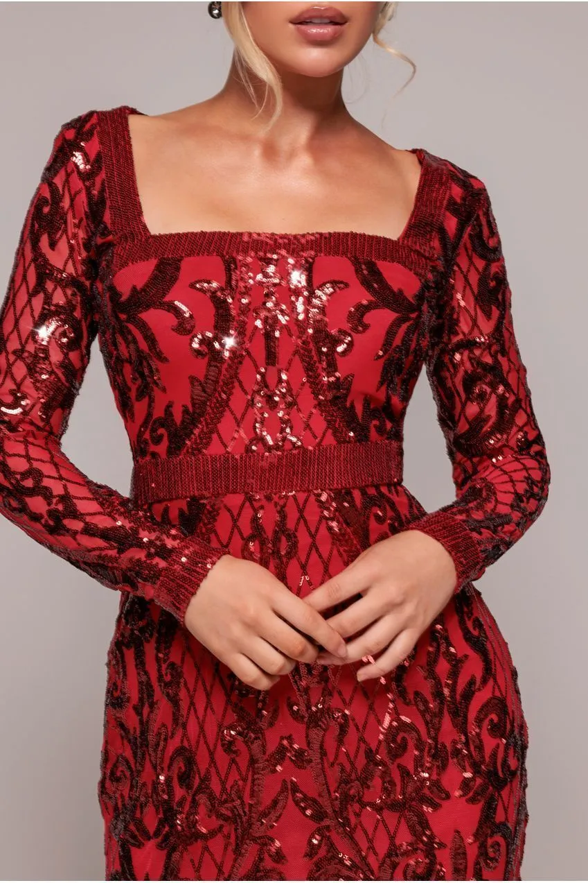 Goddiva DR4124 Maxi Abito Rosso Paillettes Scollo Quadrato