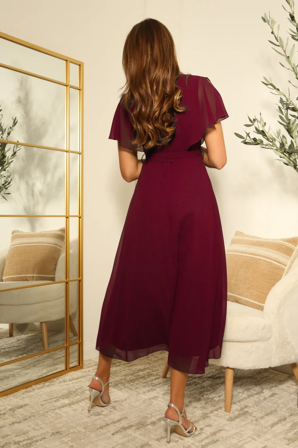 Double Second abito midi wrap rosso chiffon maniche capa